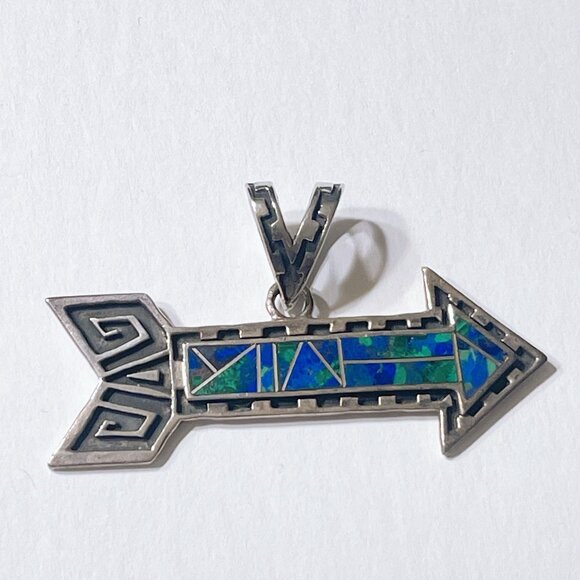 Sterling Silver Arrow Pendant With Blue & Green Stone Inlay Native American Styl - Picture 2 of 8